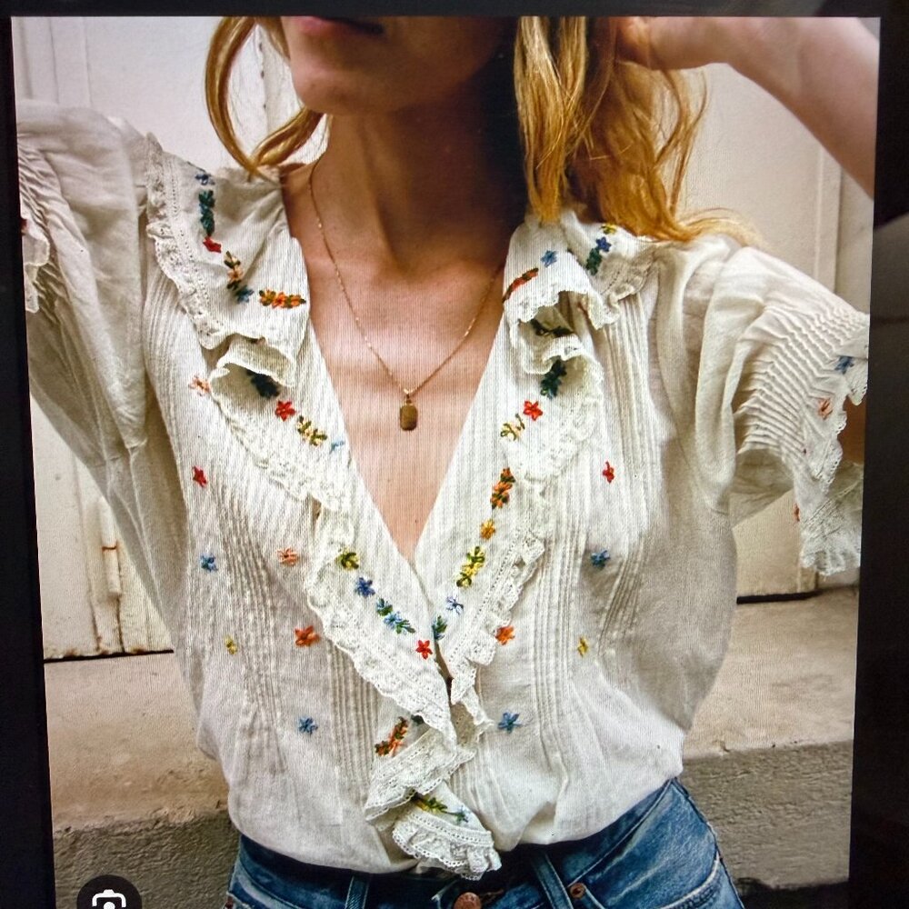 DOEN Sz L Hettie Embroidered Ruffle Organic Cotton Top in Sea Salt